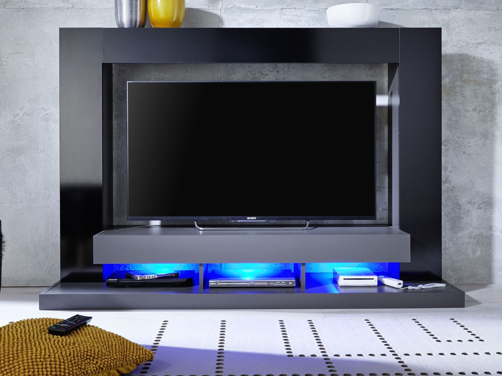 Wohnwand Fernseh TV Schrank Mediencenter schwarz Glanz grau Mediacenter