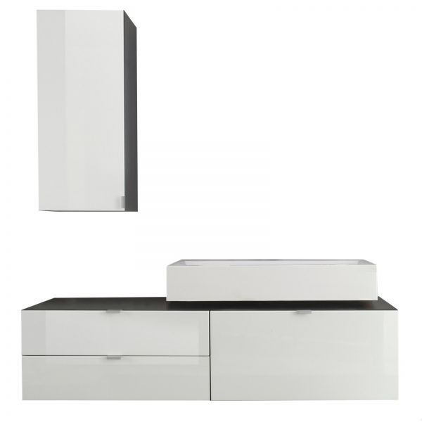Badmöbel Set Beach weiß Hochglanz und grau Waschtisch hängend