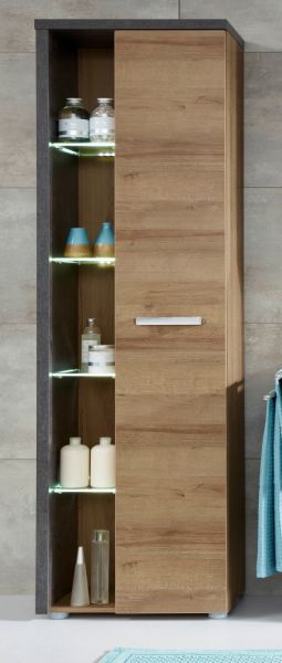 Badezimmer Hochschrank Badschrank Eiche Honig und grau 48 x 196 Soft