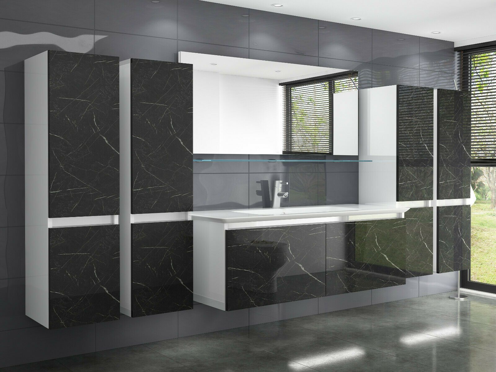 Badmöbel Set Weiss / Schwarz Marmor Optik Hochglanz Badezimmermöbel 240