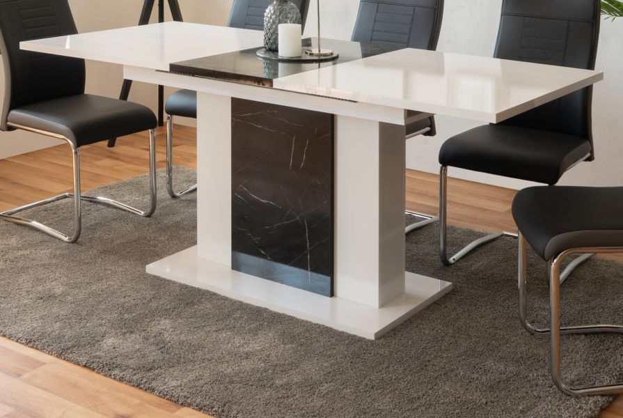 Esstisch ausziehbar weiß Hochglanz mit Marmor Esszimmer Küchen Tisch