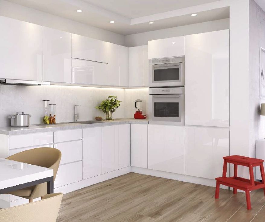 Küche Küchenzeile Eckküche weiss grifflos Glanz individuell stellbar