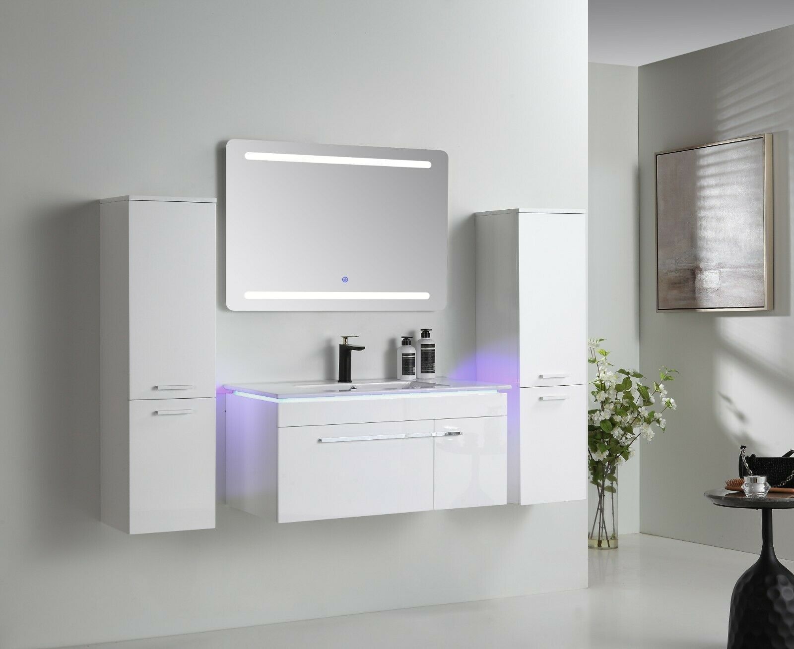 Badmöbel Set 5 Teilig 90 cm Hochglanz Weiß LED Spiegel Badezimmer