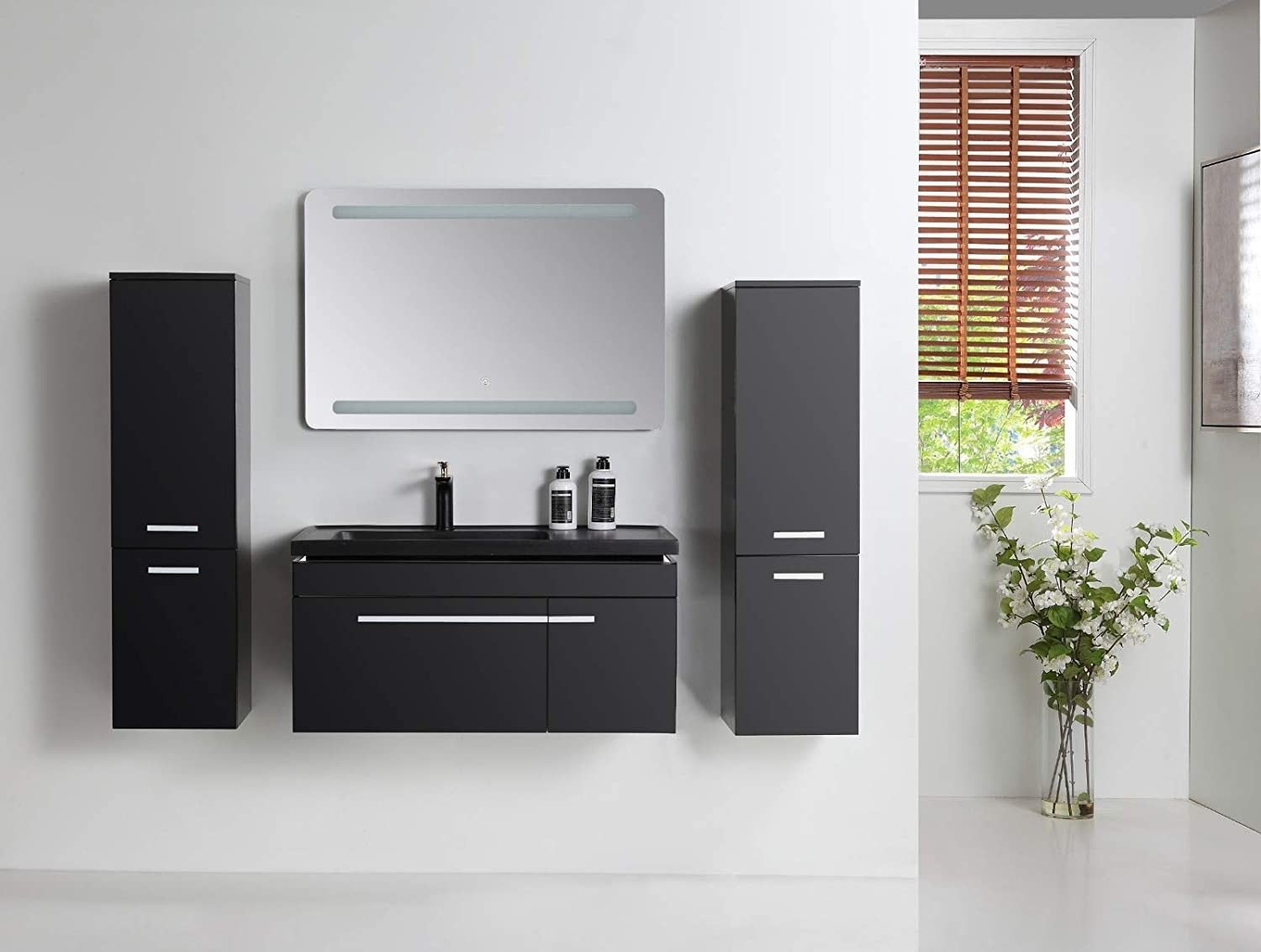 Badmöbel Set 5 Teilig 90 cm Hochglanz Schwarz LED Spiegel Badezimmer