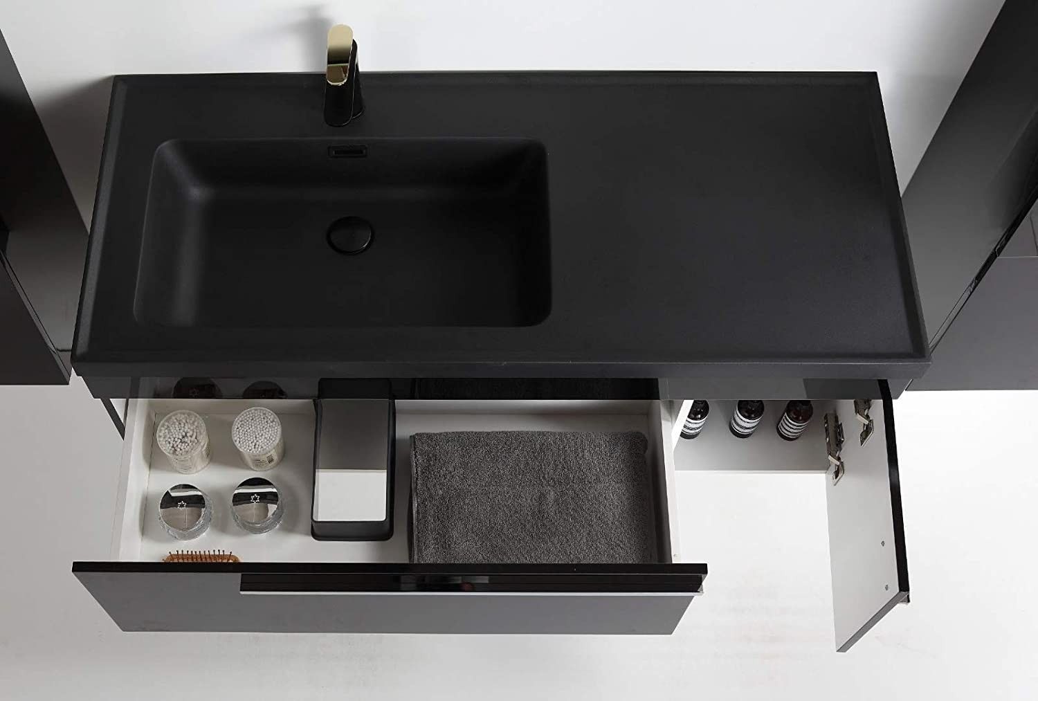 Badmöbel Set 5 Teilig 90 cm Hochglanz Schwarz LED Spiegel Badezimmer