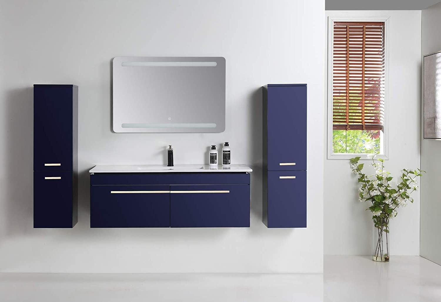 Badmöbel Set 5 Teilig 120 cm Hochglanz Königsblau LED Spiegel
