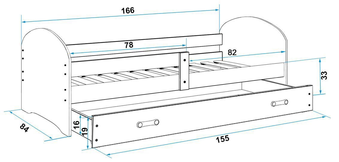 EMIL Kinderbett Jugendeinzelbett Holz Schublade 10 Grafiken Kiefer Weiß