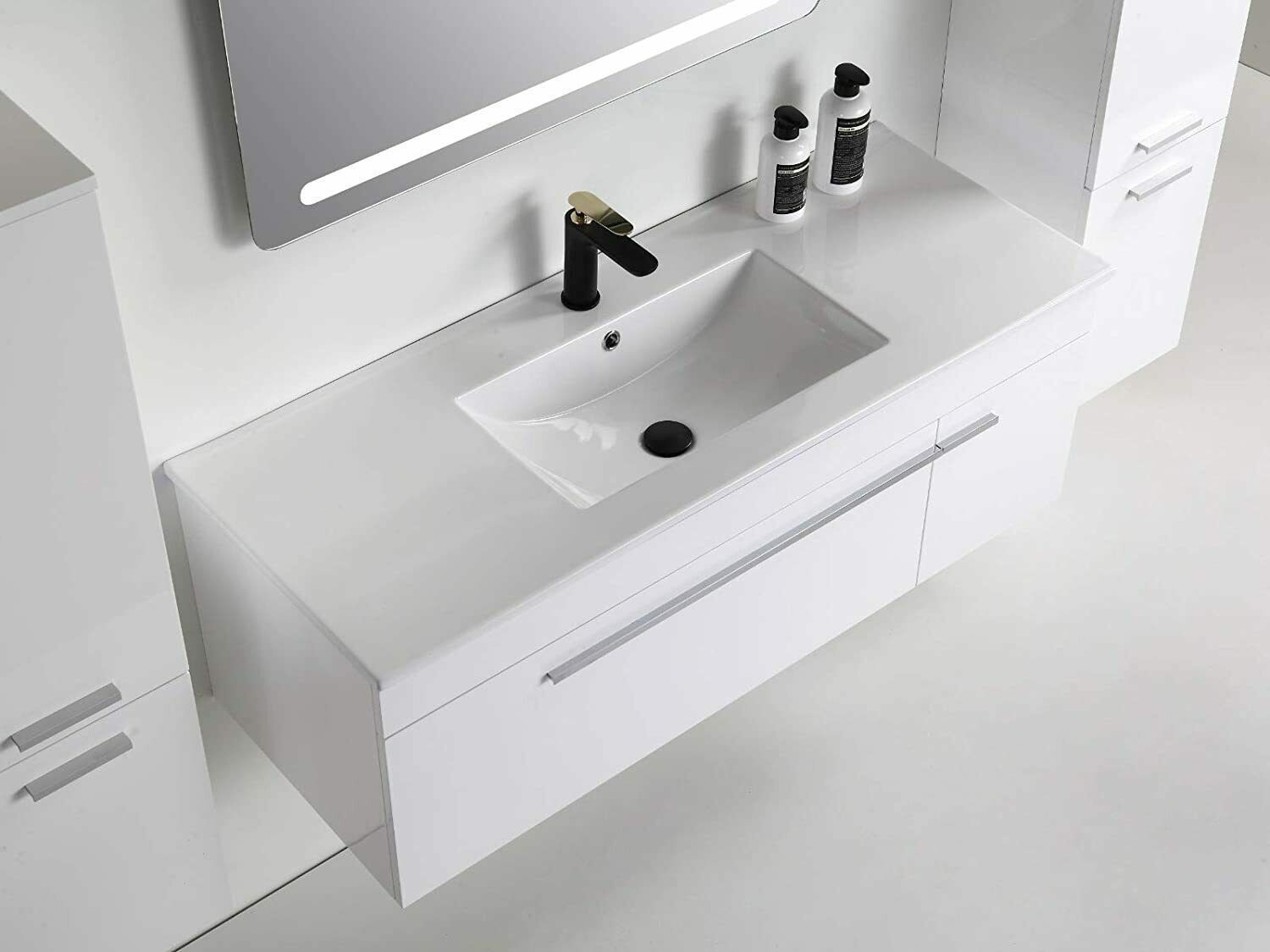 Badmöbel Set 5 Teilig 90 cm Hochglanz Weiß LED Spiegel Badezimmer