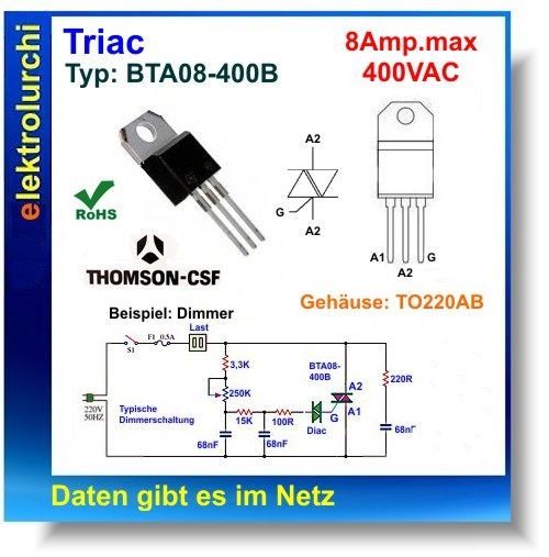 Triac: BTA08-400B, 8Amp./ 400VAC, TO220AB, 1St. kaufen bei Hood.de