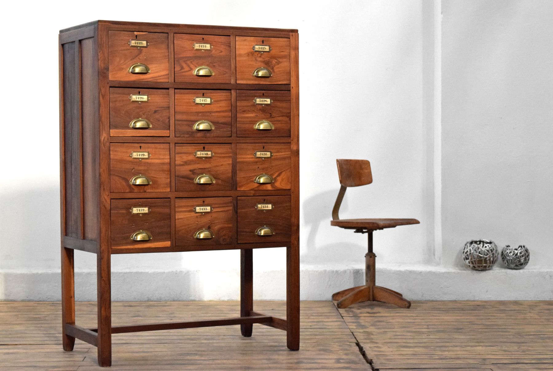 Schubladenschrank Antik Holz Teak Alt Kolonial Apothekerschrank Vintage