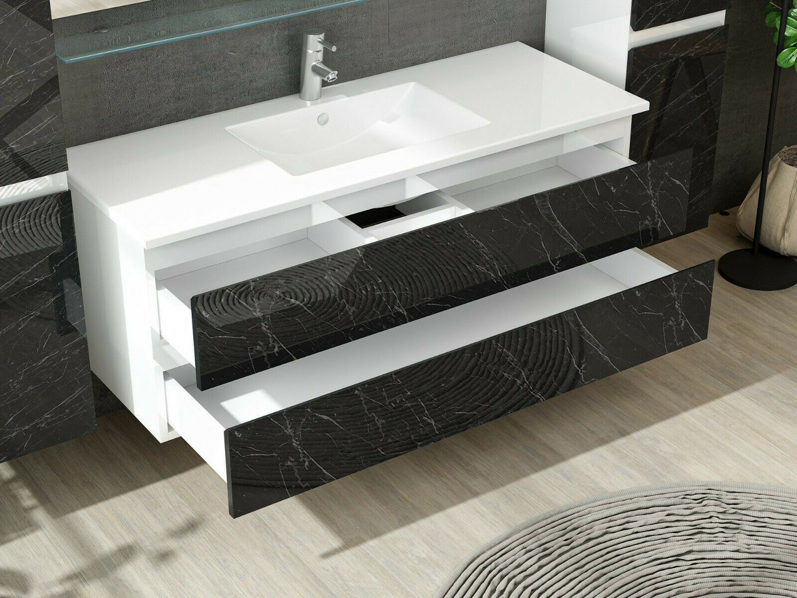 Badmöbel Set Weiss / Marmor Optik Hochglanz Badezimmermöbel 6 teilig