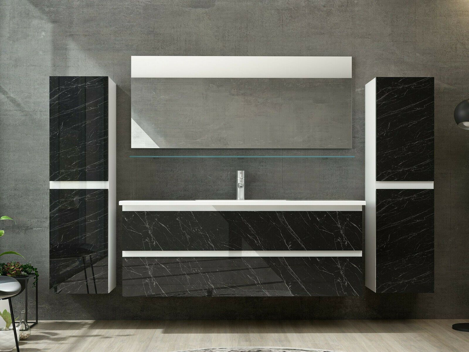 Badmöbel Set Weiss / Marmor Optik Hochglanz Badezimmermöbel 6 teilig