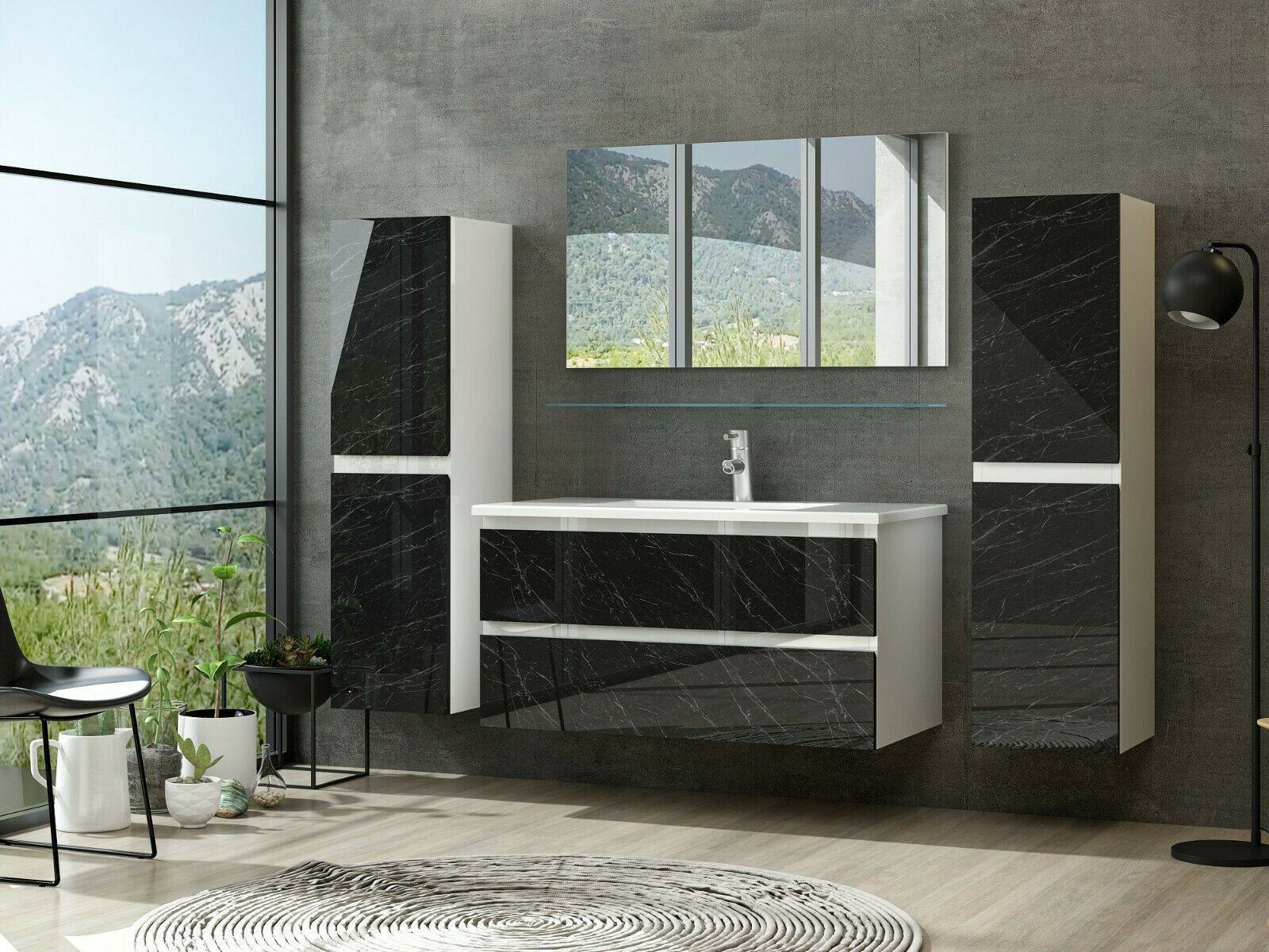 Badmöbel Set Weiss / Marmor Optik Hochglanz Badezimmermöbel 6 teilig