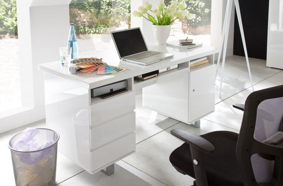 Schreibtisch weiß Hochglanz Chrom Büro Computertisch mit Stauraum