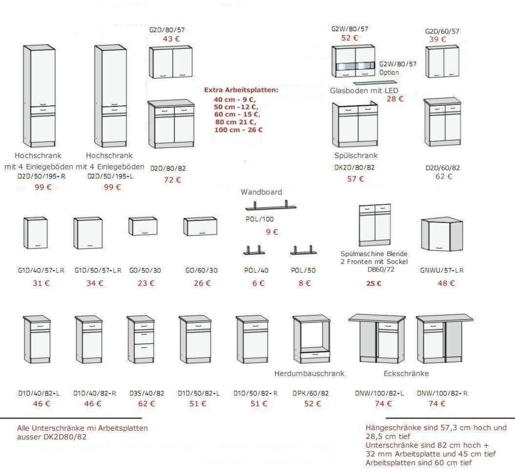 Küche 240cm Schränke, Küchenzeile erweiterbar - Fronten auswählbar Neu