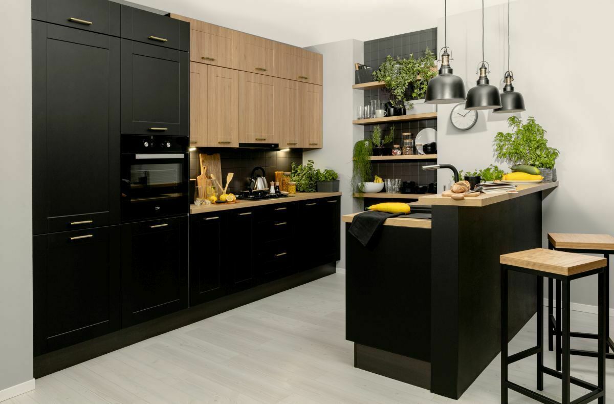 Küche Schränke Küchenzeile erweiterbar 290 cm schwarz Eiche Reveal MDF