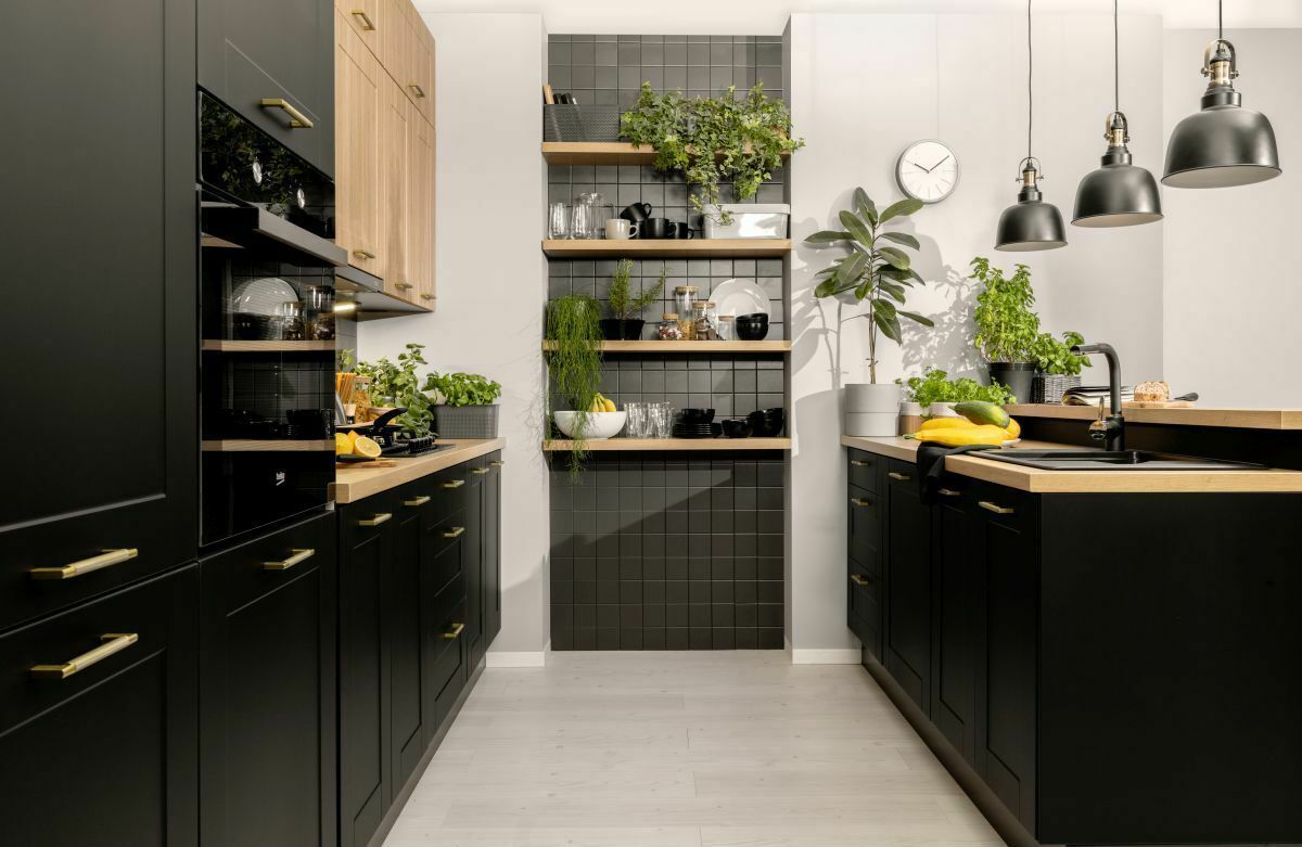 Küche Schränke Küchenzeile erweiterbar 290 cm schwarz Eiche Reveal MDF