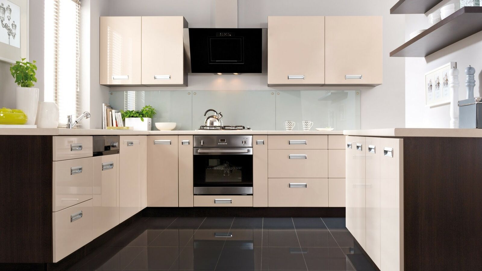 Küche, Schränke, Küchenzeile erweiterbar Beige Glanz MDF Fronten Neu