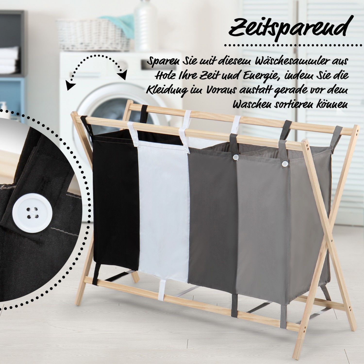 Wäschesortierer Holz 3/4 Fächer Wäschewagen Wäschekorb Wäschesammler