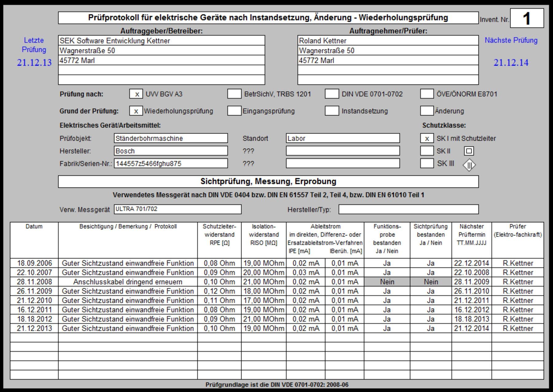 Elektrogeräte prüfen DGUV 3 Software jährliche Prüfung E-Check Messprotokoll Excel kaufen bei ...