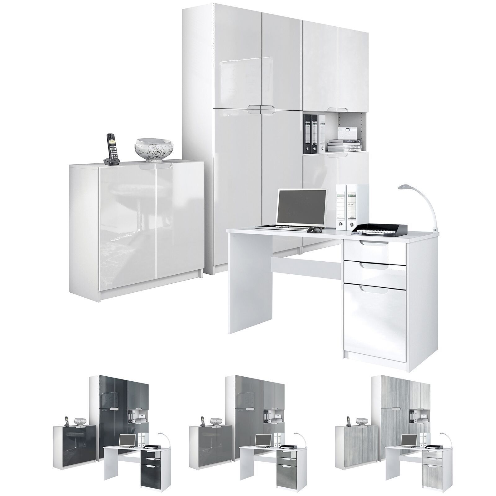 Büromöbel Set Schreibtisch Aktenschrank Logan Weiß - Hochglanz