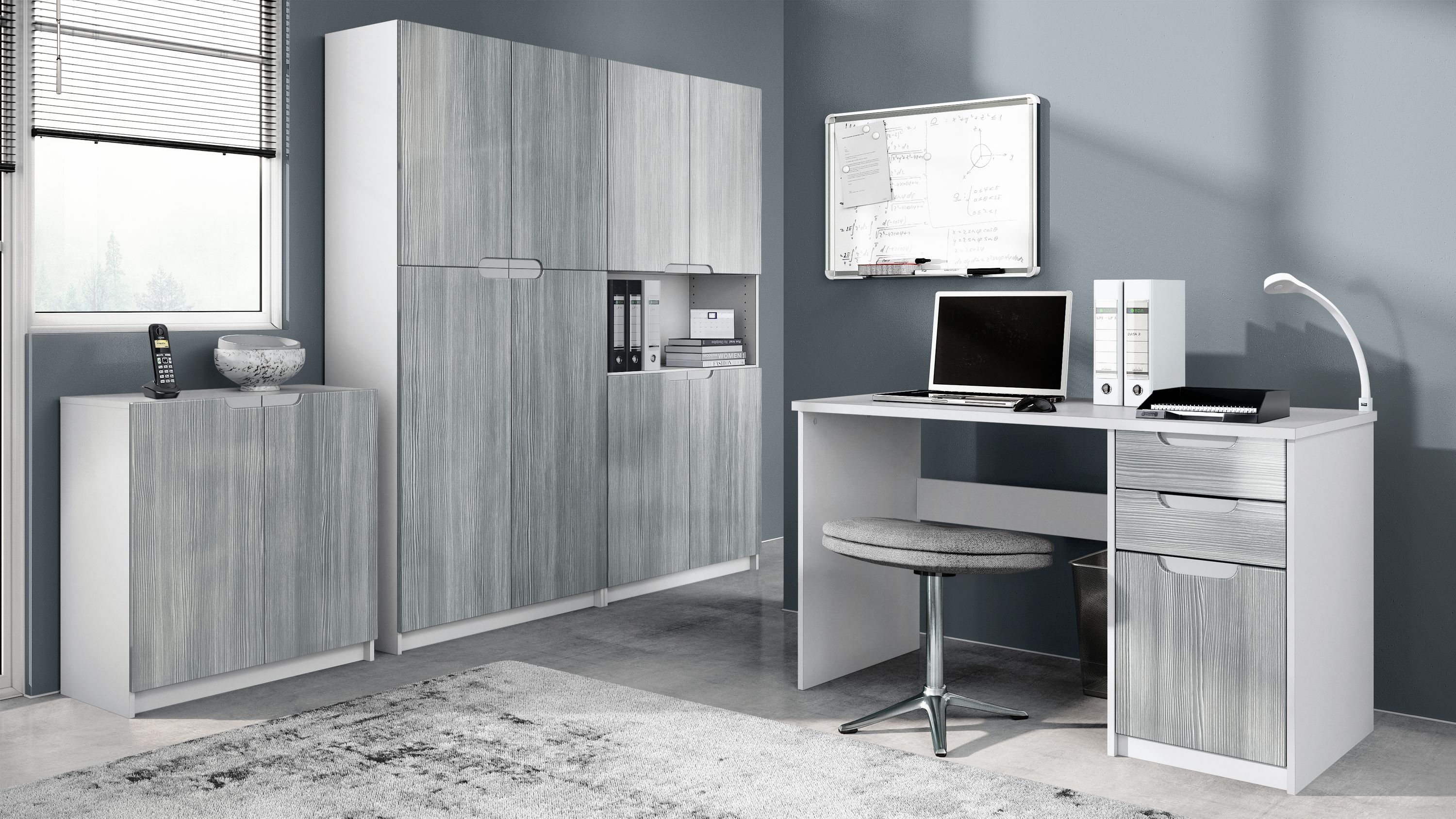 Büromöbel Set Schreibtisch Aktenschrank Logan Weiß - Hochglanz