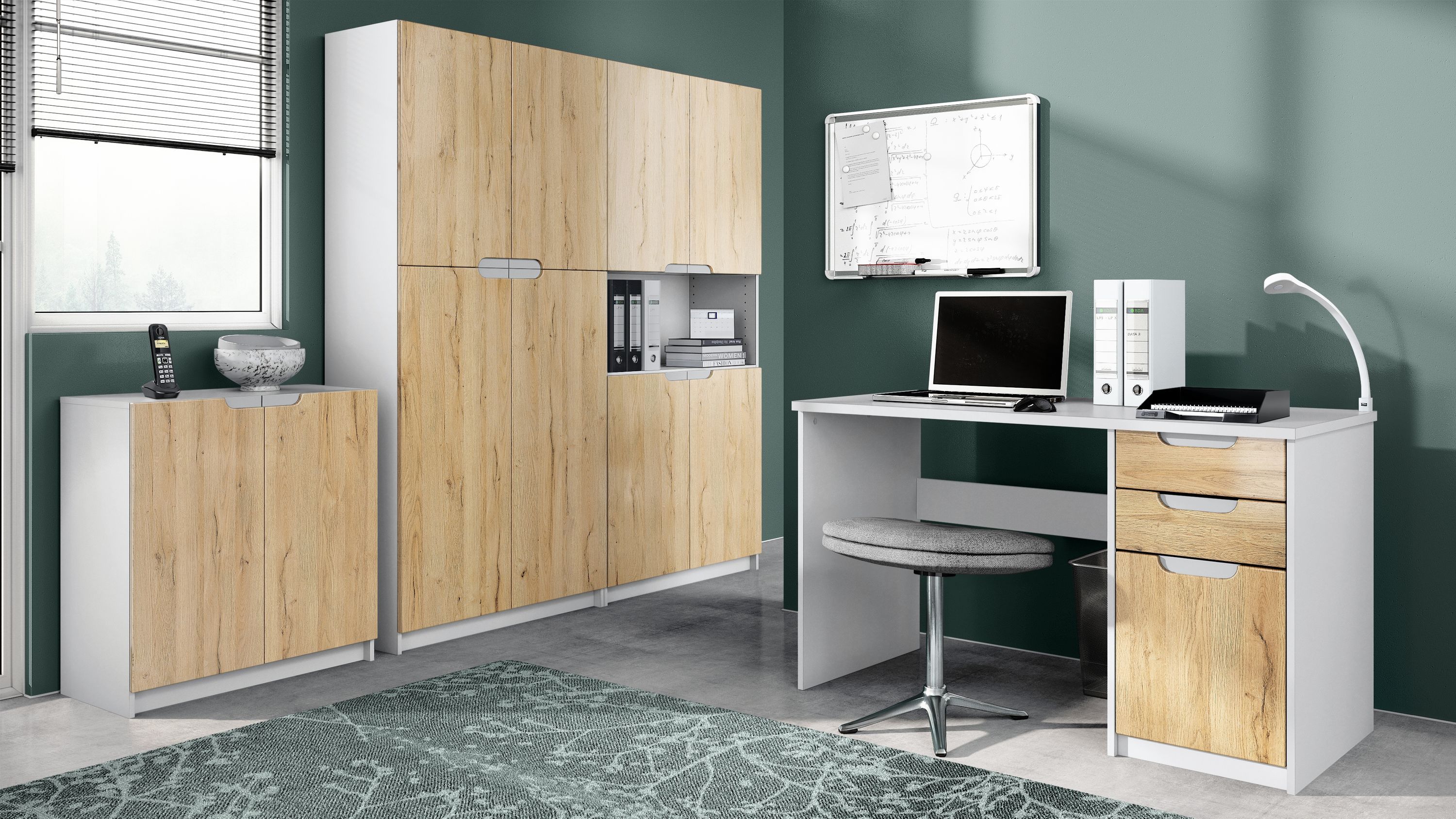 Büromöbel Set Schreibtisch Aktenschrank Logan Weiß - Hochglanz