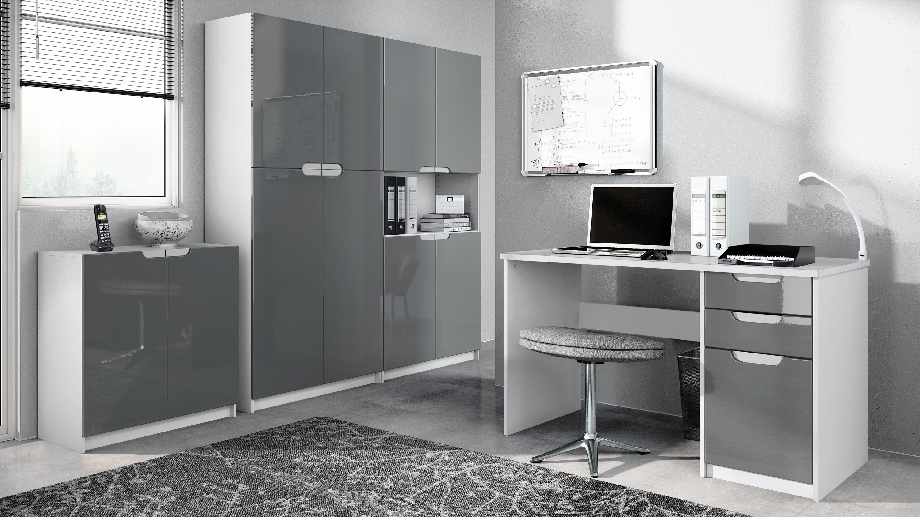 Büromöbel Set Schreibtisch Aktenschrank Logan Weiß - Hochglanz