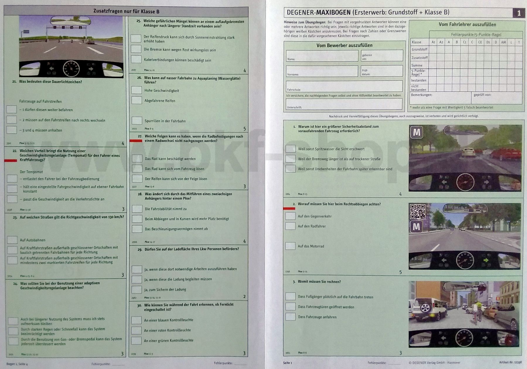 Fahrschule Fragebogen B Degener Maxi Bogen + APP Theoriefragen