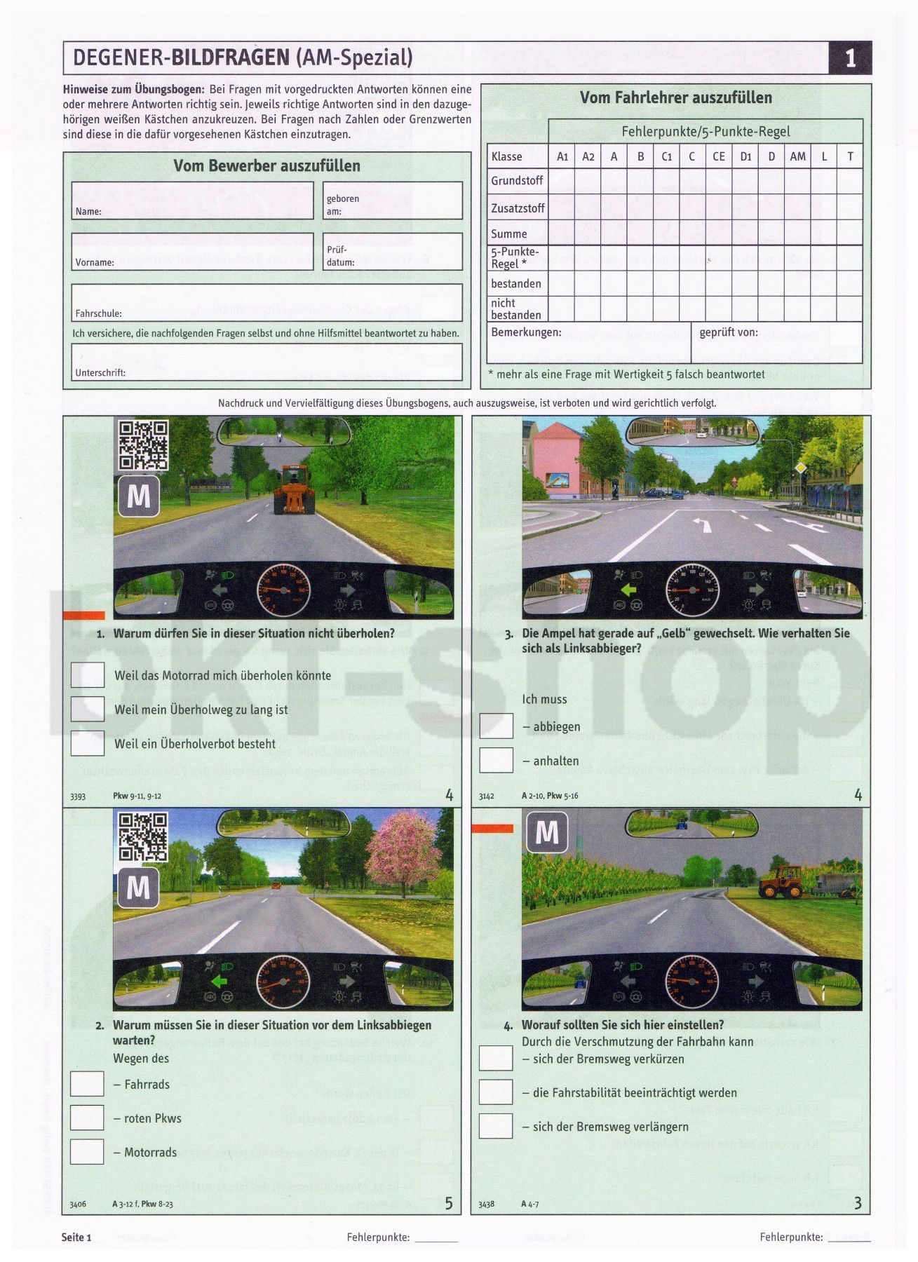Fahrschul Fragebogen AM Roller Moped Zusatz Übungsbogen Theoriefragen
