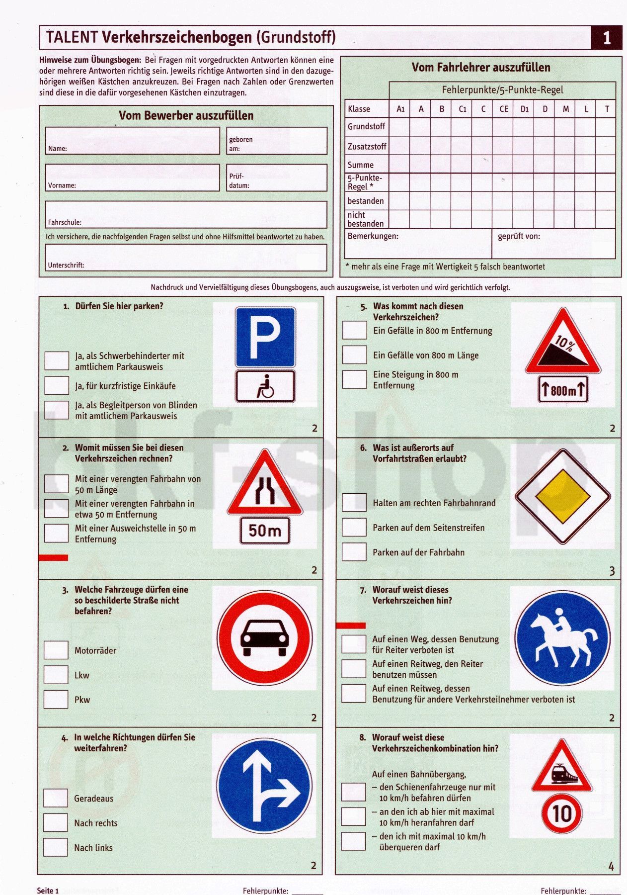 Fahrschule Fragebogen Klasse B Übungsbogen Autoführerschein