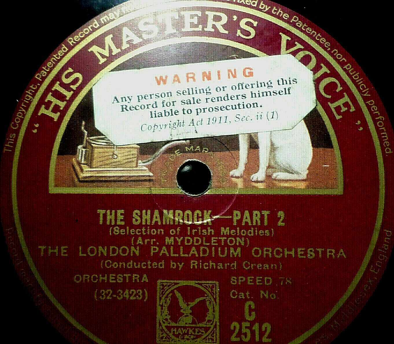 "Richard CREAN ""The Shamrock - Selection of Irish Melodies"" HMV 78rpm 1933 12"""
