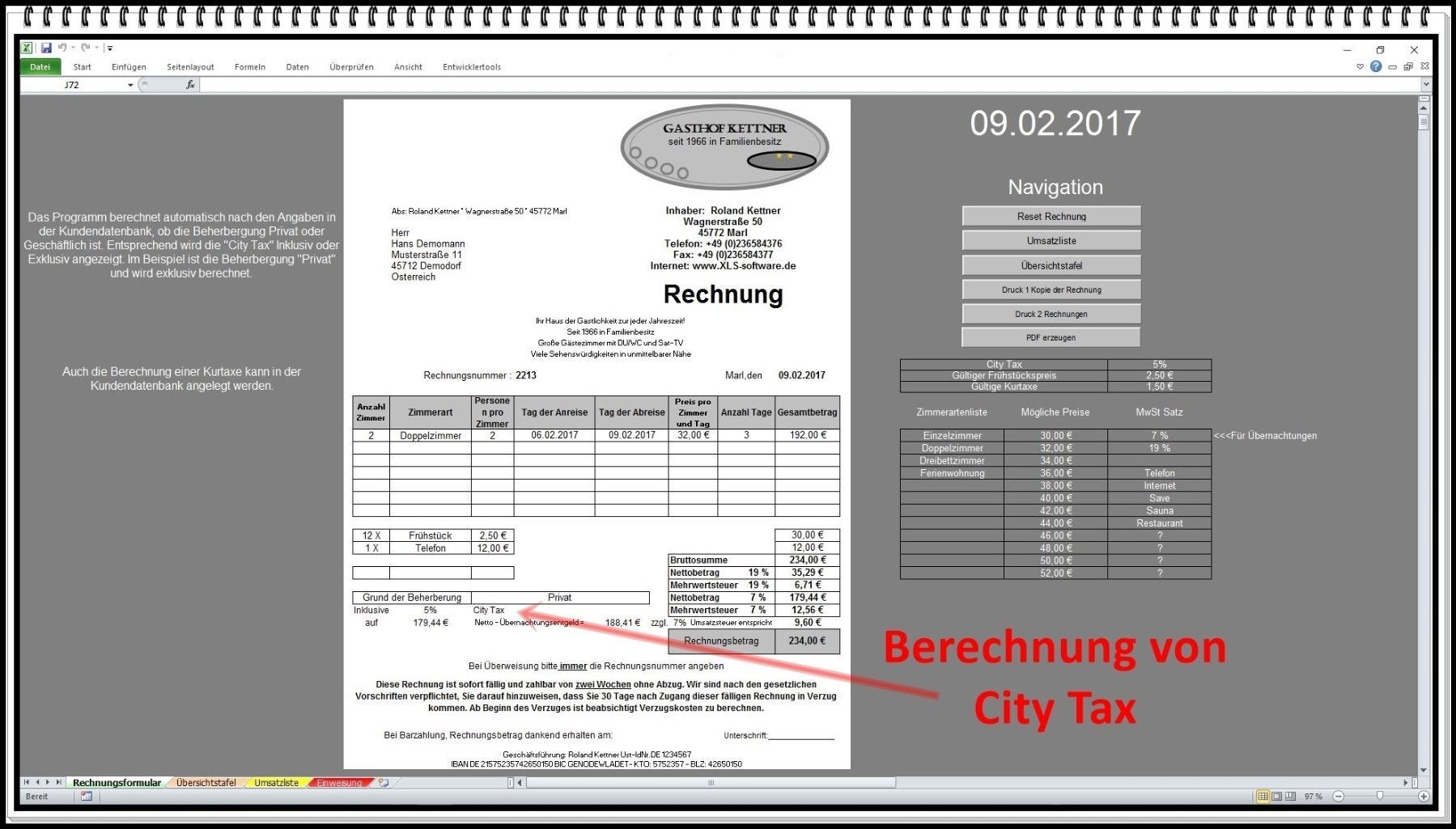 Rechnungssoftware Hotel FeWo Pension Herberge Kurtaxe City Tax Bettensteuer