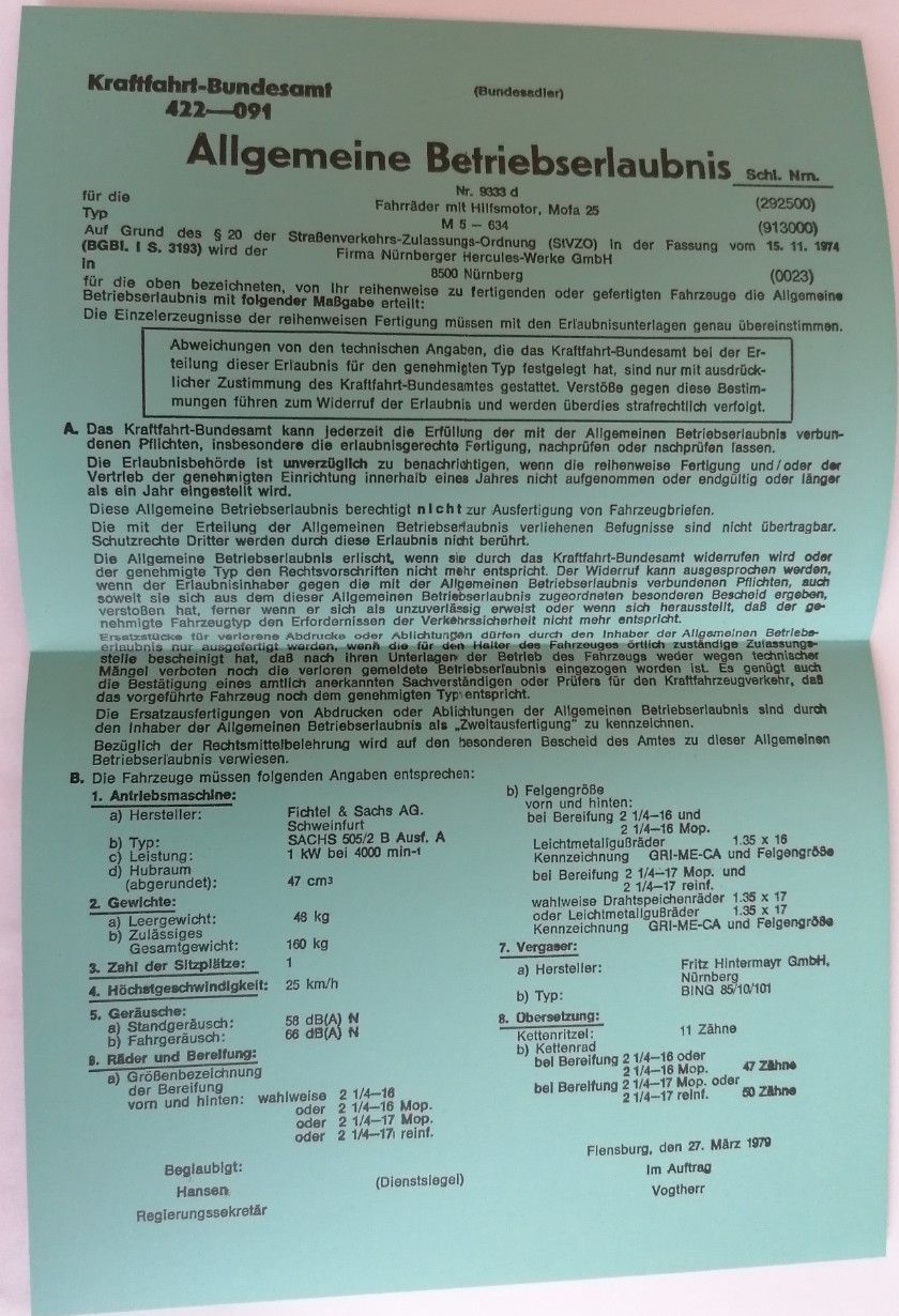 Welche Papiere Muss Ich Beim Mofa Mitführen Datenblatt Betriebserlaubnis ABE Hercules Prima 5 Papiere Moped Mofa