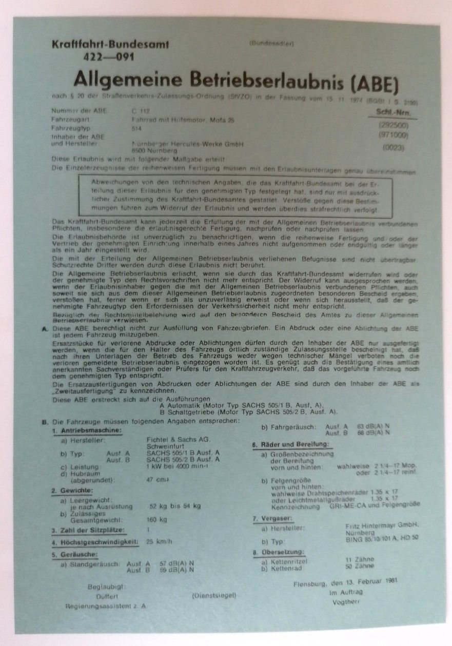 Welche Papiere Muss Ich Beim Mofa Mitführen Datenblatt Betriebserlaubnis ABE Hercules Prima 4 SL Papiere Moped Mofa