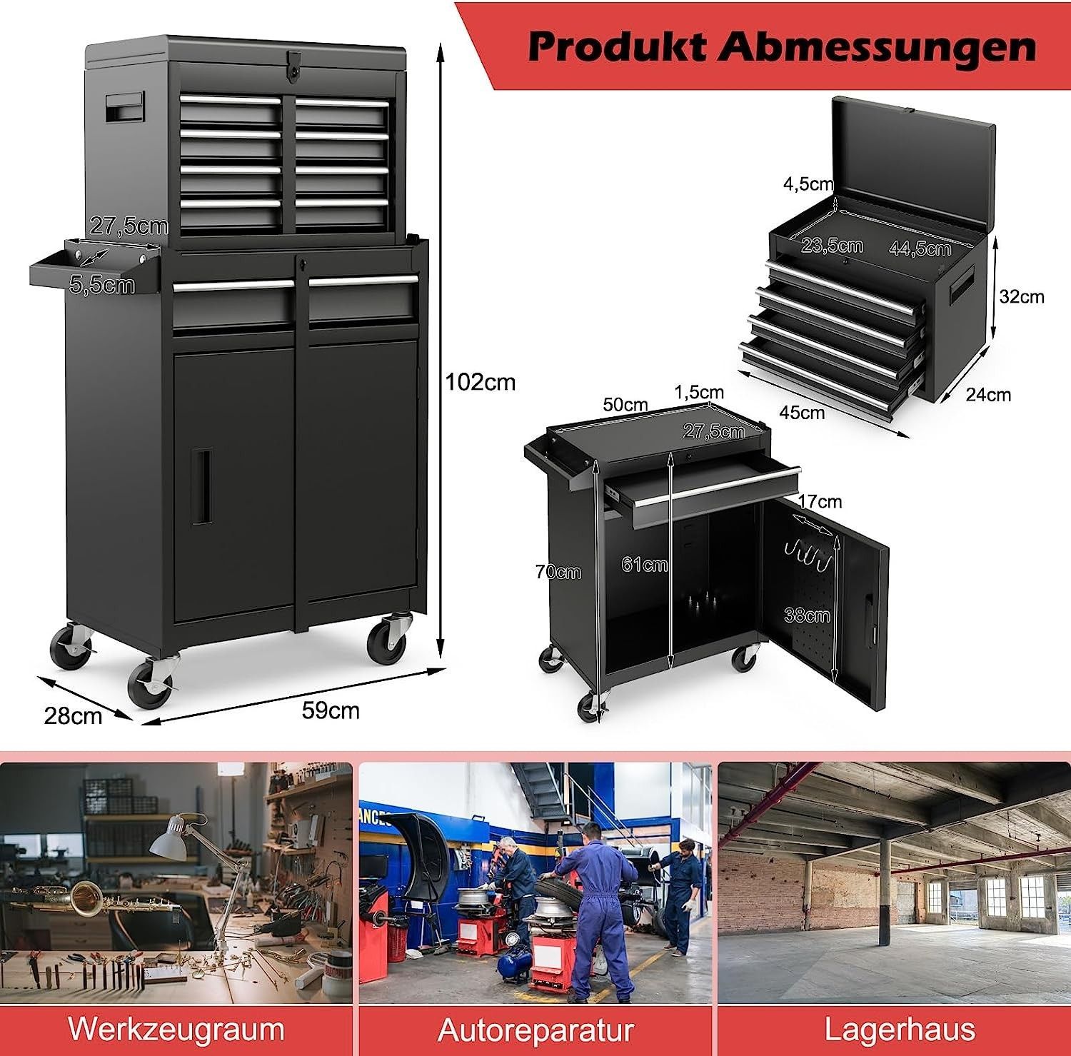 Werkzeugwagen 3-stöckig Mit Schublade - Mobiler Werkstattwagen Bis 200 Kg