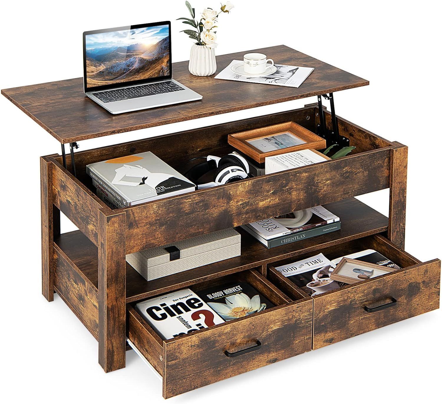 Costway Couchtisch Höhenverstellbar, Sofatisch Mit Anhebbarer Tischplatte & 2 Schubladen