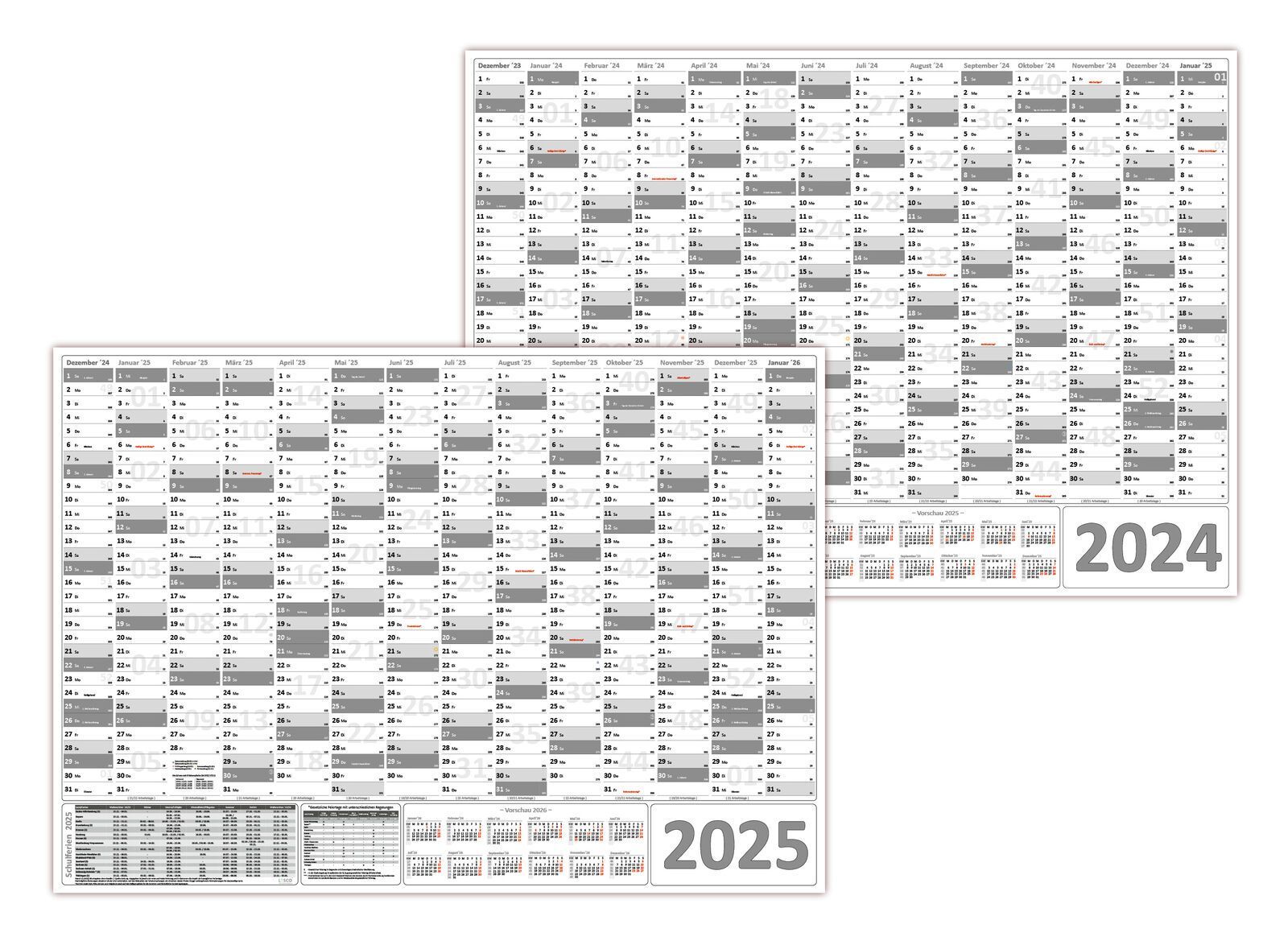 Wandkalender DIN A0 2024 + 2025 (grau) gerollt Wandplaner Ferien
