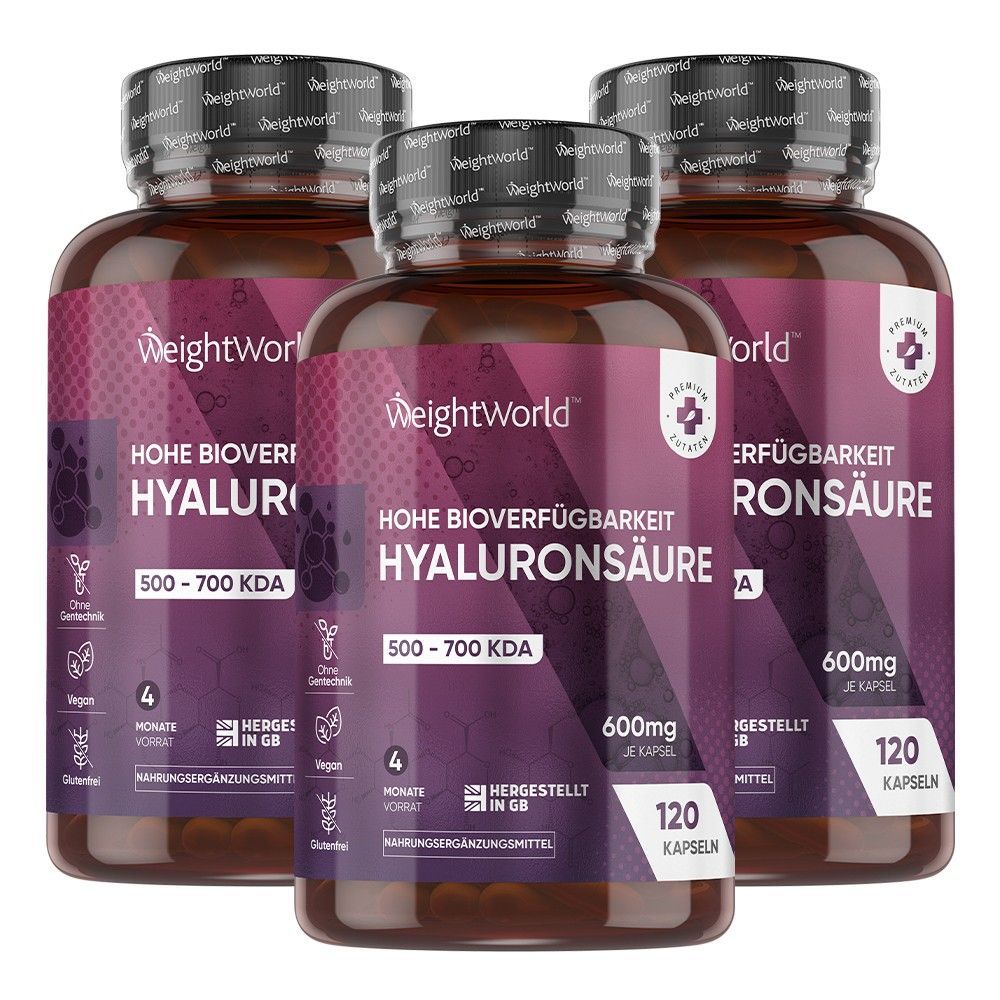 Weightworld Hyaluron Kapseln - 600Mg Pro Kapsel - 120 Vegane Hyaluronsäure Kapseln - 3 Flaschen
