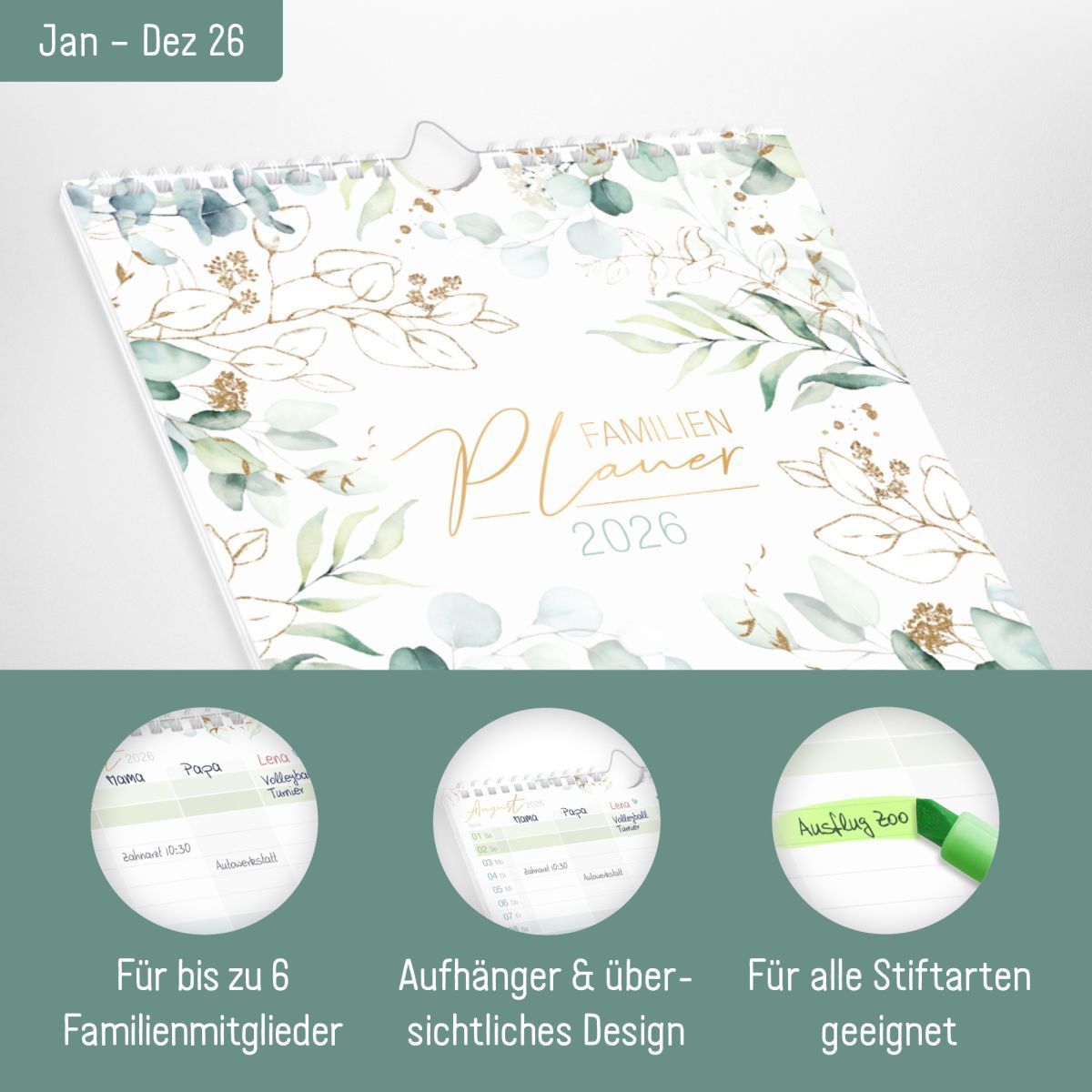 Familienplaner 2026 Kompakt - Wandkalender Mit 4 Spalten & Blattgold