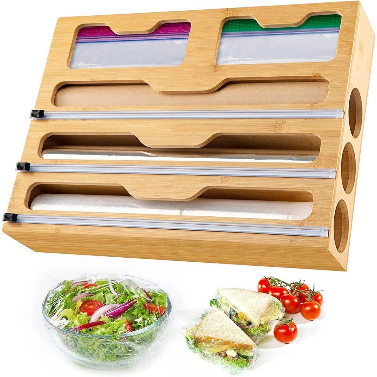 Wrap Organizer with Cutter and Labels, Plastic Wrap, Aluminum Foil and Wax Bamboo