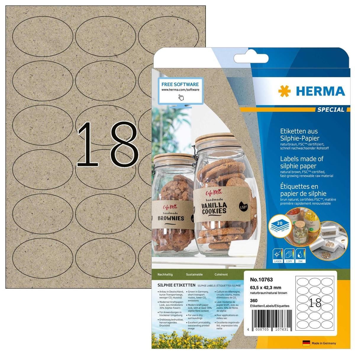 HERMA 10763 10763 Etiketten Silphie-Papier - A4, 63,5 x 42,3 mm oval, naturbraun, per
