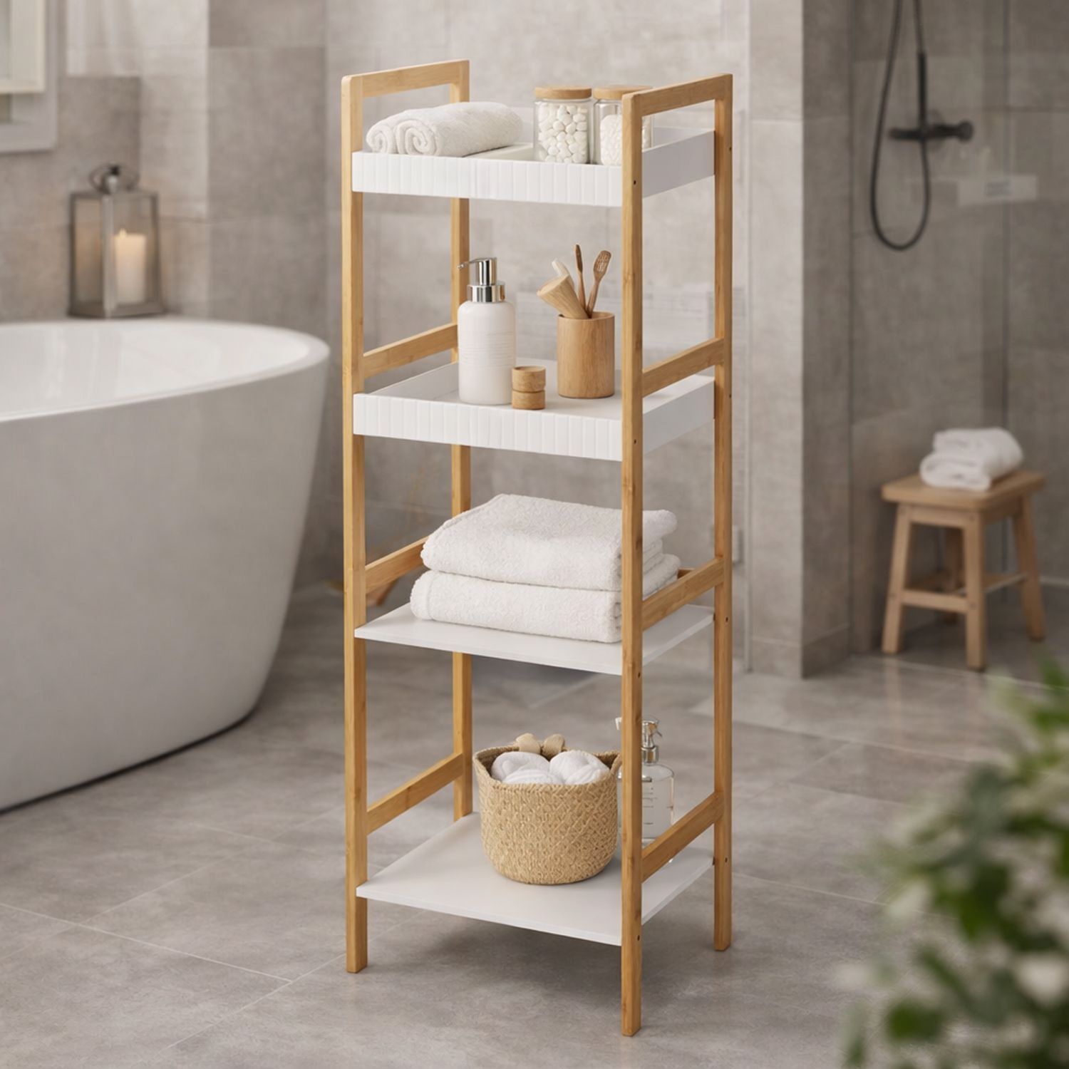 Mojawo Badregal Badezimmer Wandregal Regal Bambus Aufbewahrung 4 Böden 36X30x110cm