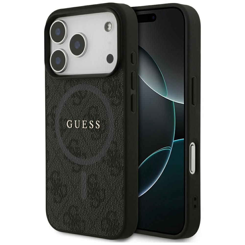 Hülle MagSafe iPhone 17 Pro Kunstleder Guess grau Logo Metall goldfarben
