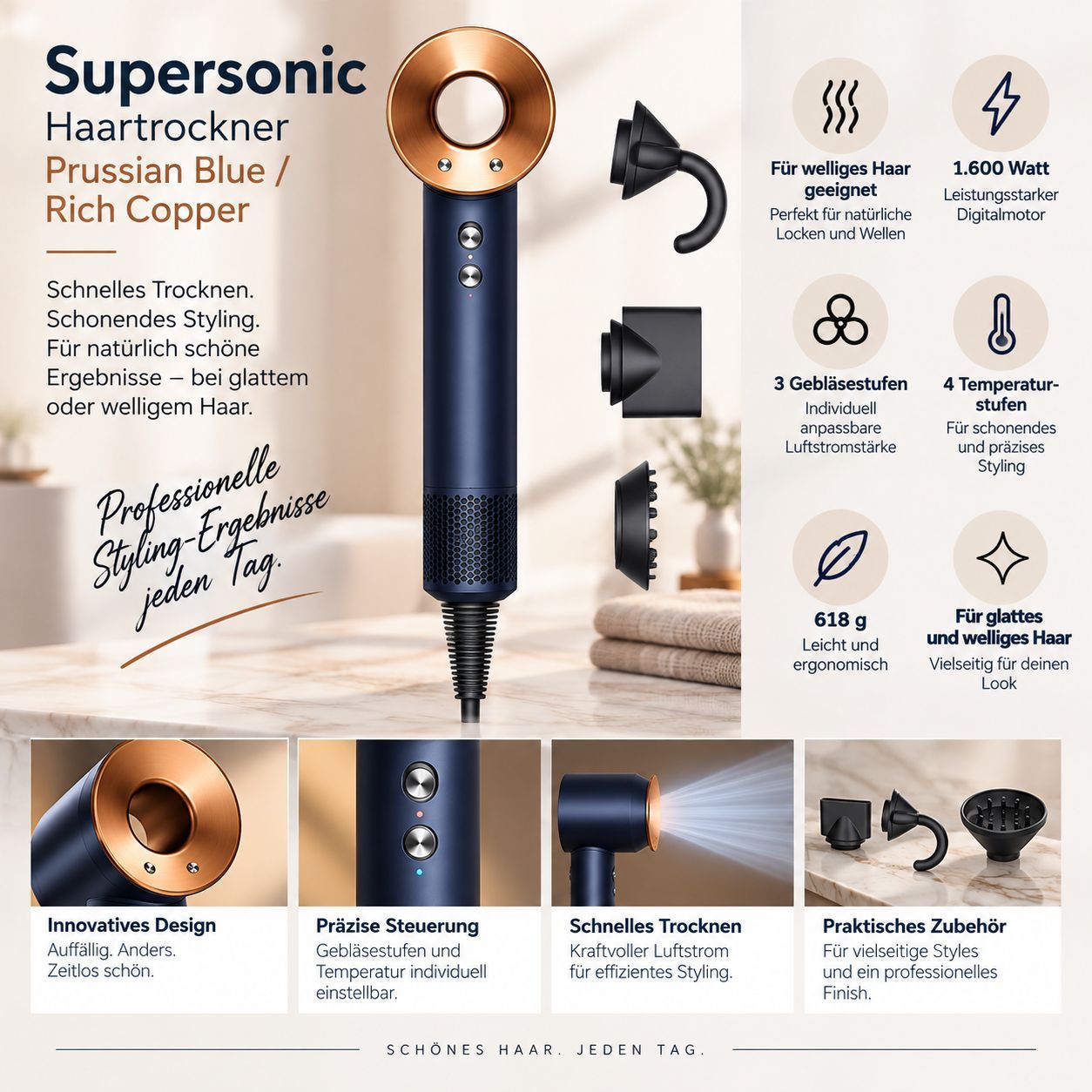 Dyson Supersonic Haartrockner Hairdryer straight + wavy Prussian Blue ...