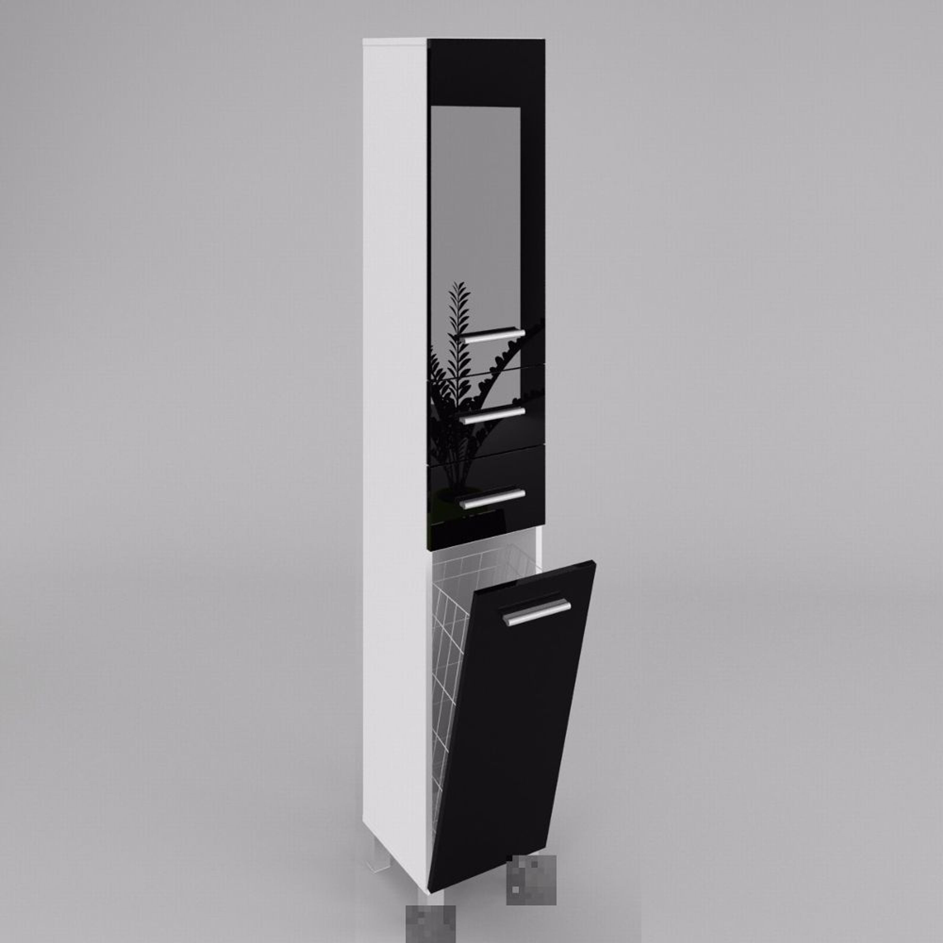 Badschrank mit wäschekorb SW15 188x30/40 cm in Weiß , Schwarz Hochglanz