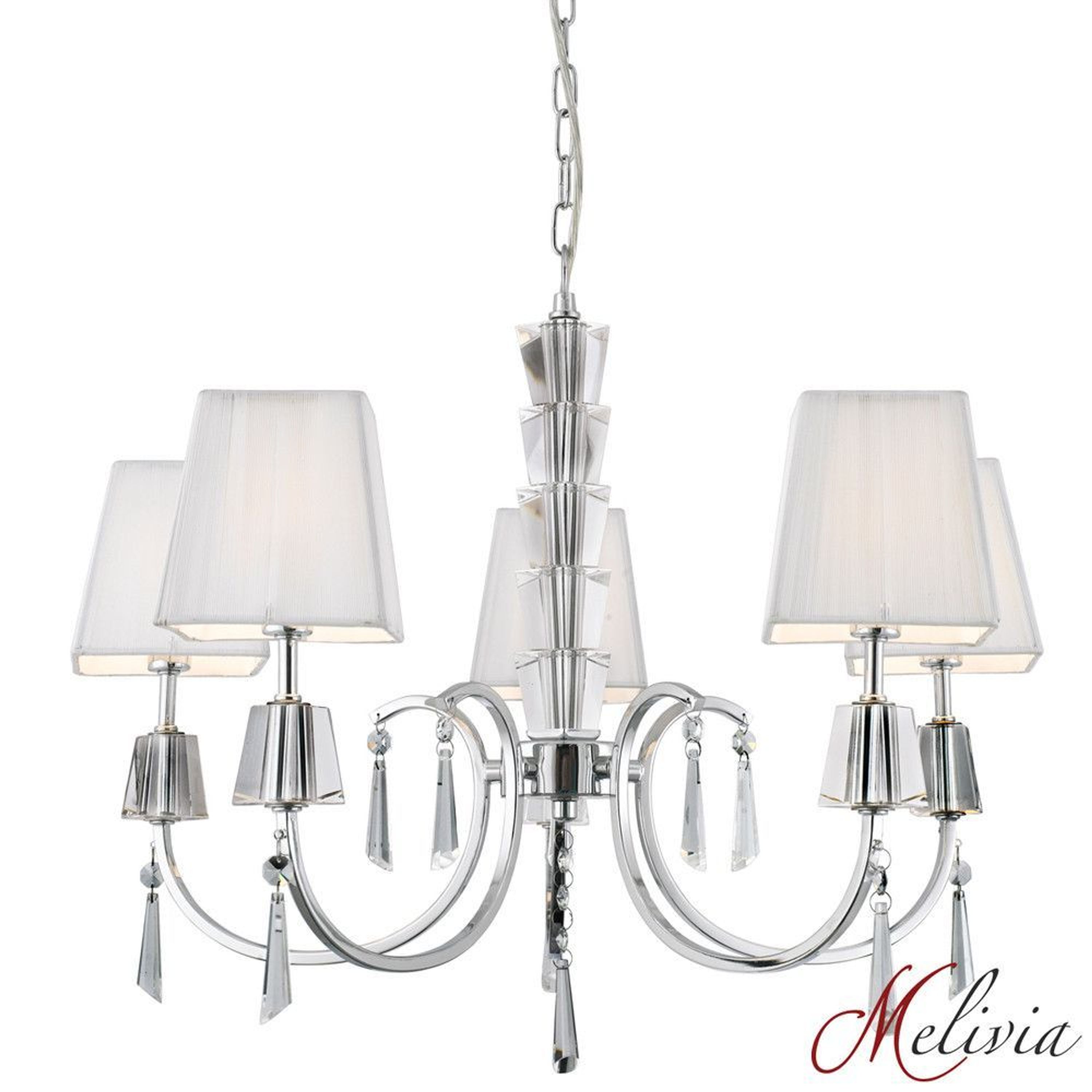Kronleuchter Ø60cm 5x33W Weiss Stoff Chrom Klar Pendelleuchte Kristall
