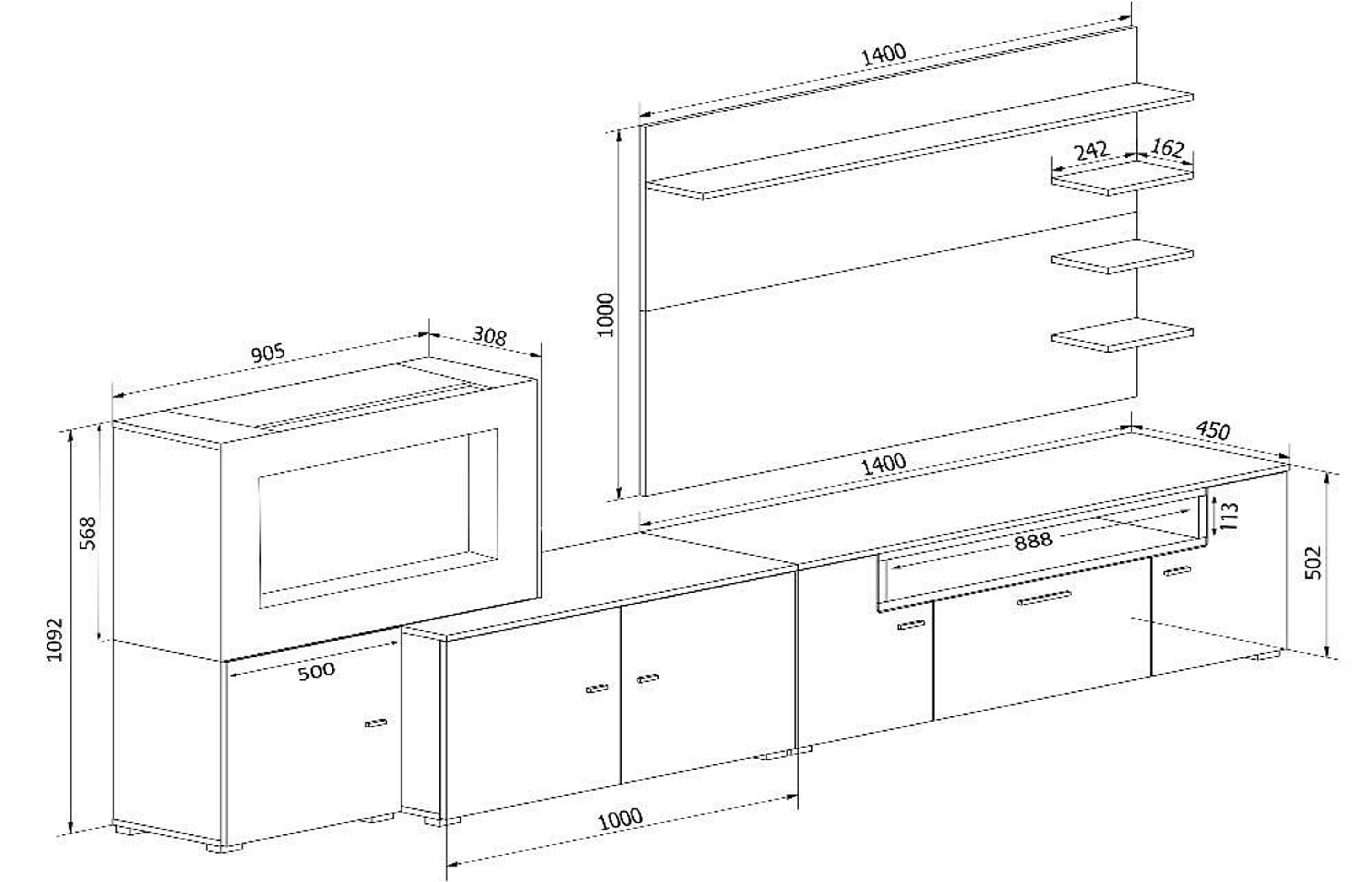 Wohnmöbel mit elektrischem Kamin, weiß Mate/ schwarz lackiert