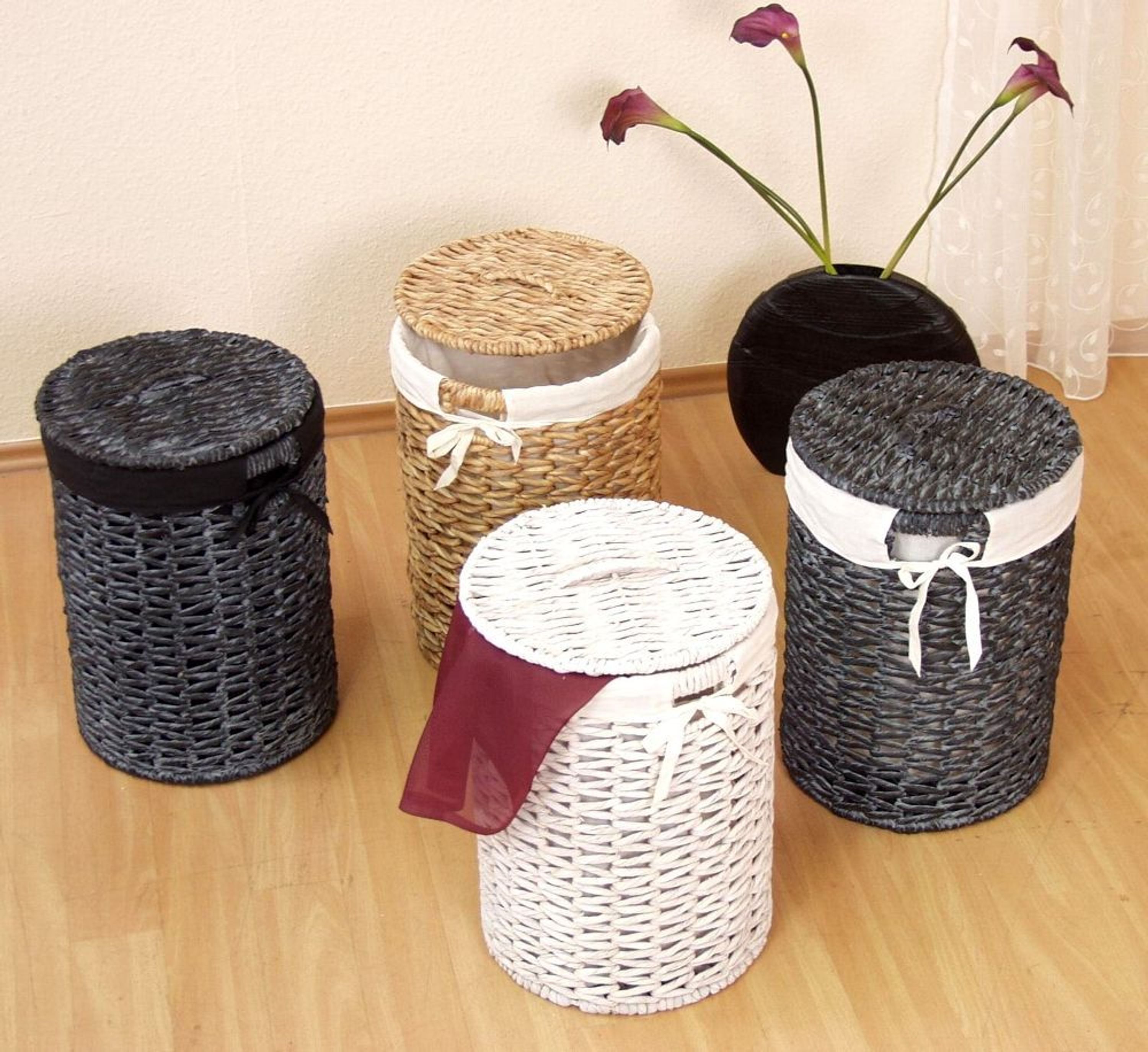 Wäschetruhe weiß rund Wäschekorb Wäschebox Wäschesammler geflochten