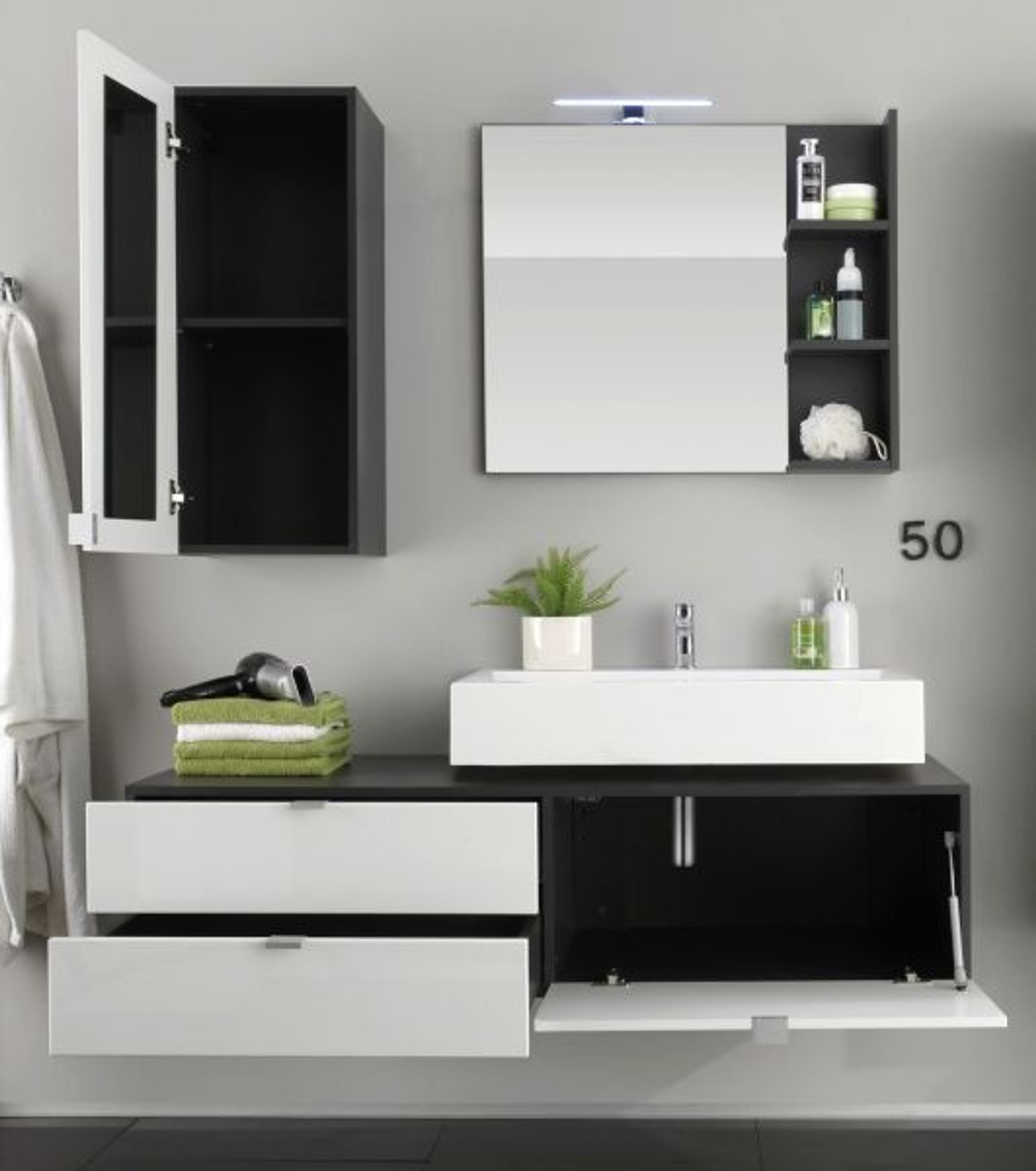 Badmöbel Set weiß Hochglanz grau opt. mit Waschbecken Lampe Badezimmer